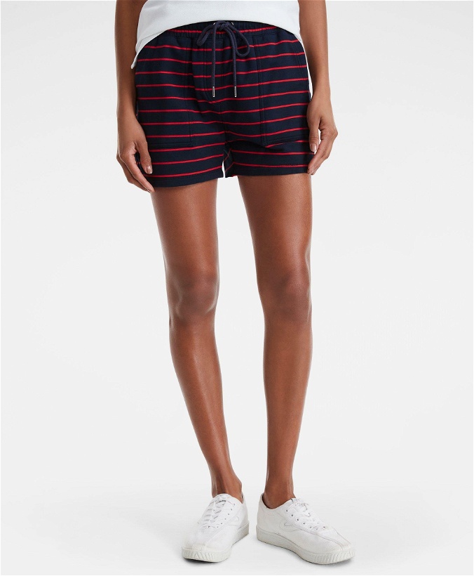 Photo: Brooks Brothers Women's French Terry Striped Drawstring Shorts | Navy/Red