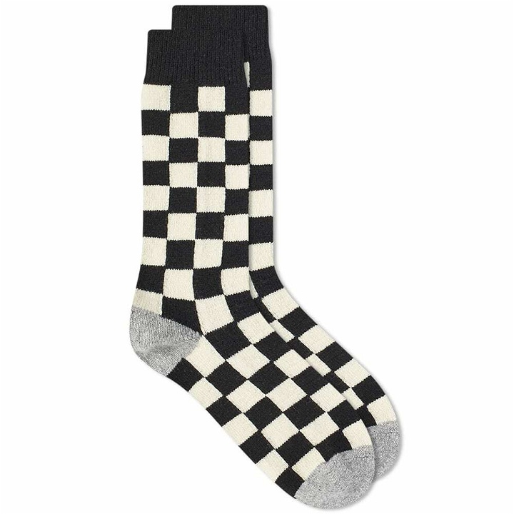 Photo: RoToTo Recycled Wool Checkerboard Crew Sock in Black/Ivory/Grey