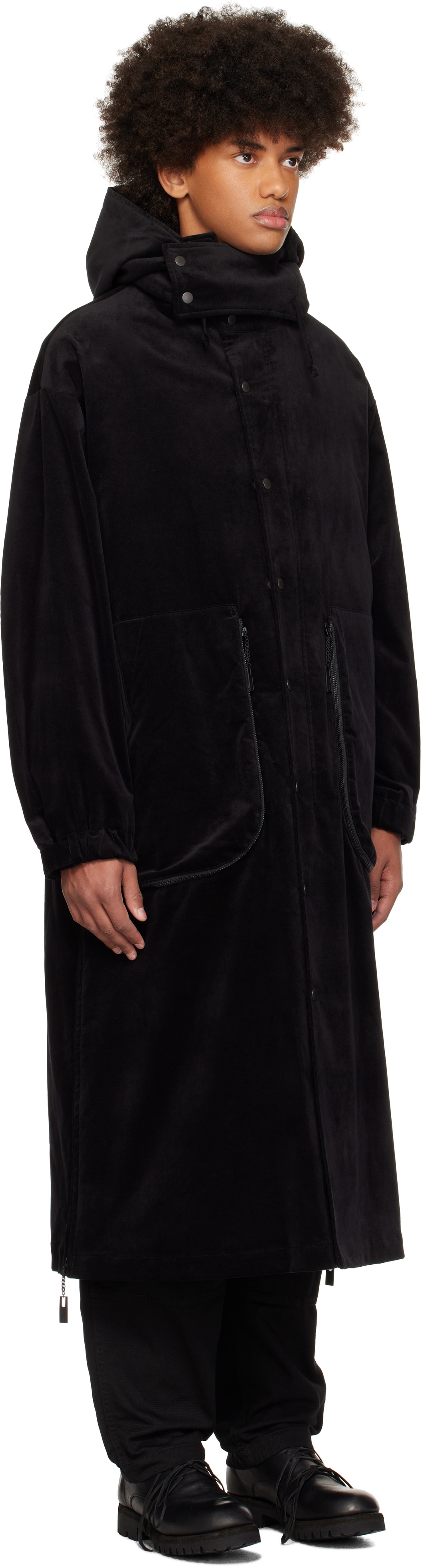 YOHJI YAMAMOTO Black M-Velvet Hooded Coat