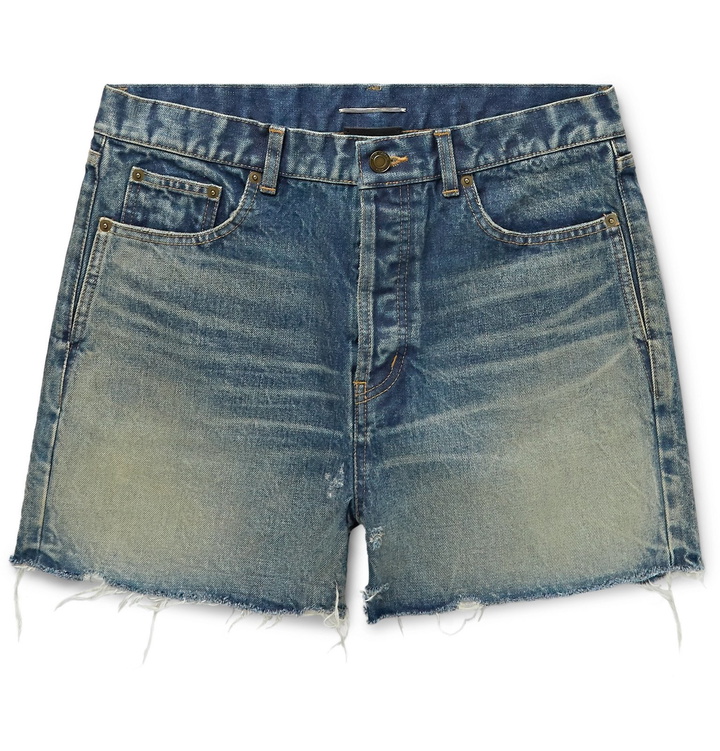 Photo: SAINT LAURENT - Slim-Fit Distressed Denim Shorts - Blue