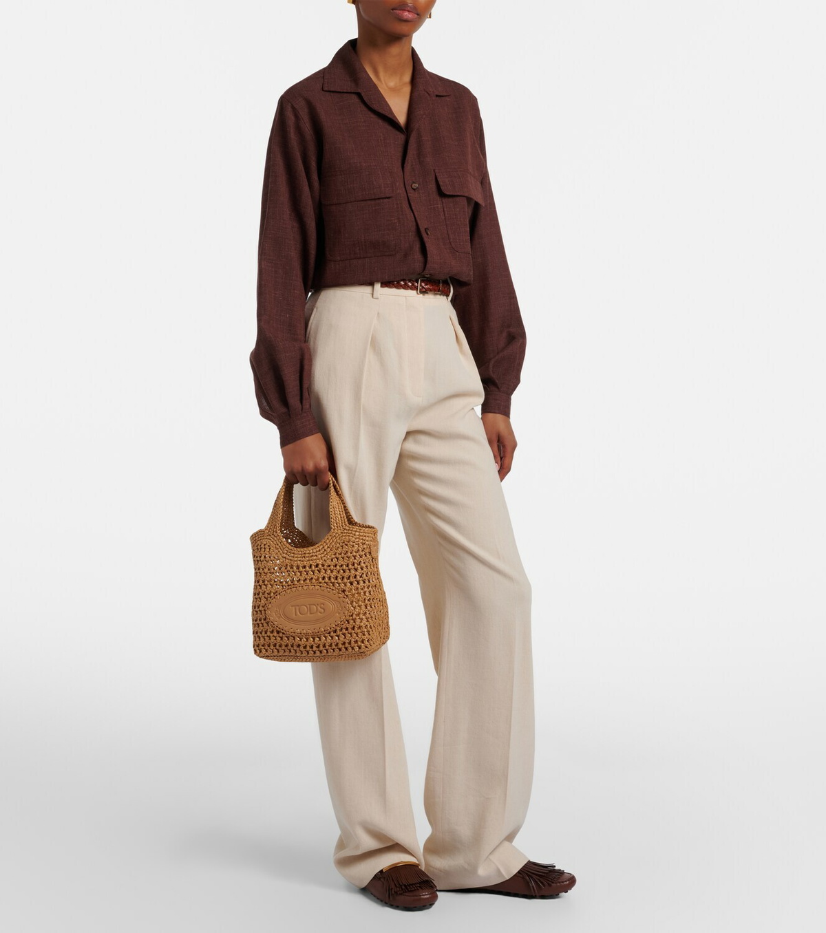 Tod's Logo leather-trimmed raffia tote bag