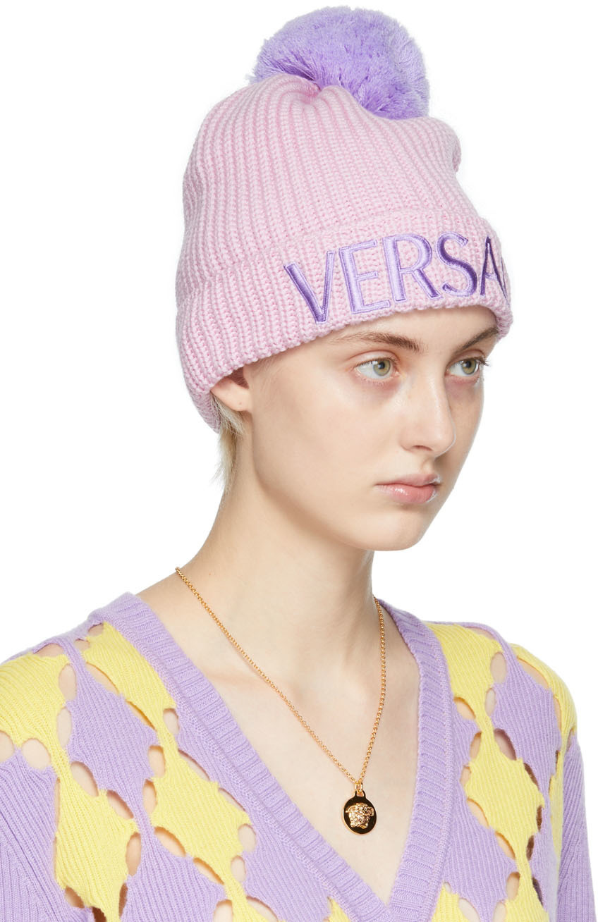 Versace Pink Wool Logo Beanie Versace