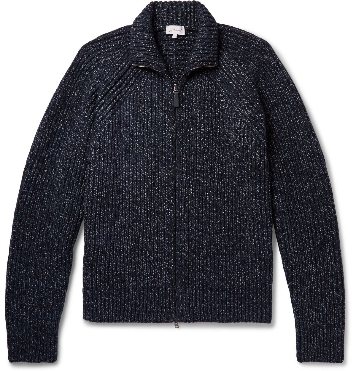 Photo: Brioni - Leather-Trimmed Wool Zip-Up Cardigan - Blue