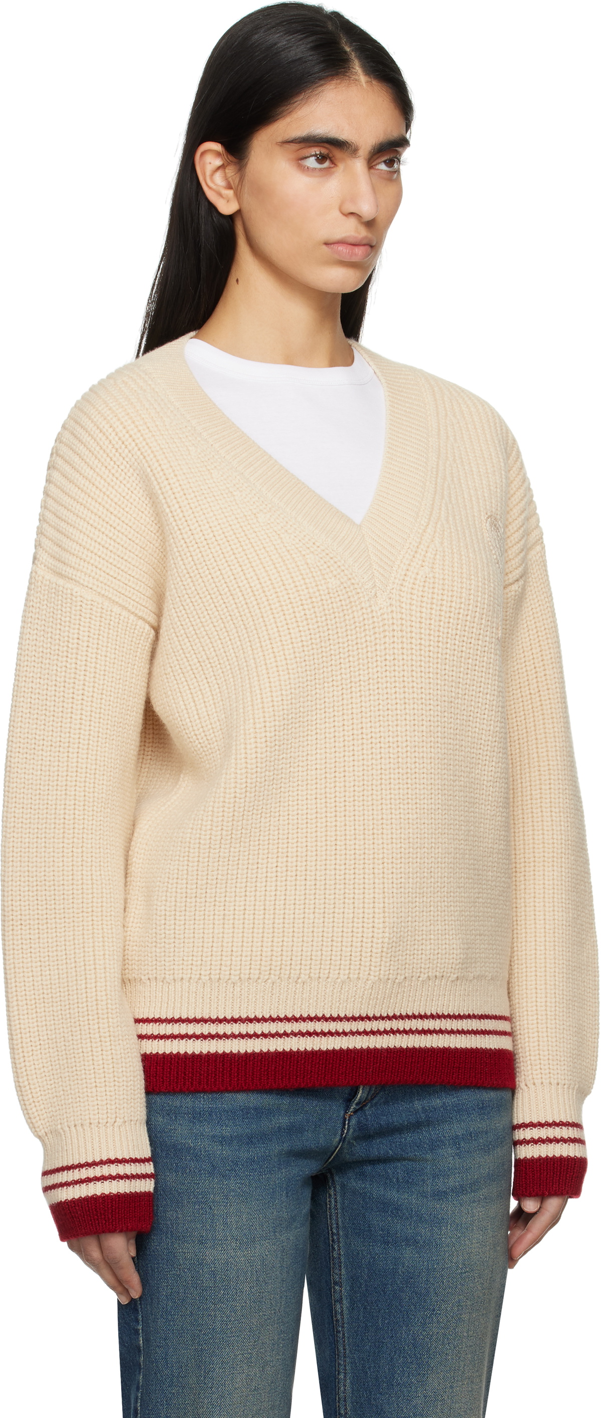 AMI Paris Beige Wool Ribbed V Neck Sweater AMI