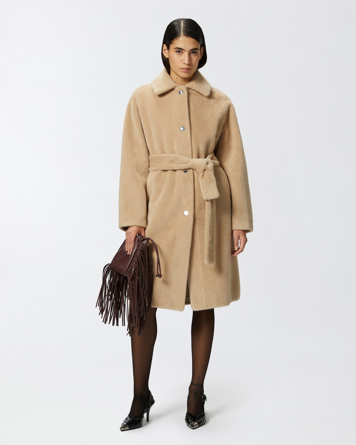 Pinko Short Fur Effect Coat With Belt Nomade Beige Pinko