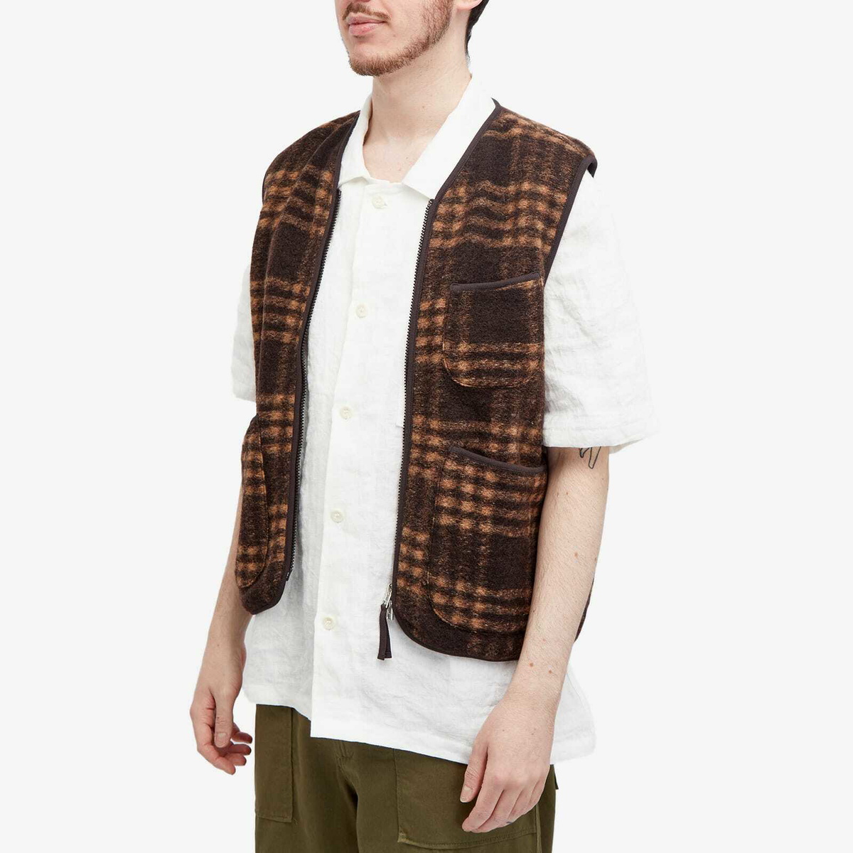 Universal Works Men's Duke Fleece Zip Gilet in Brown Check
