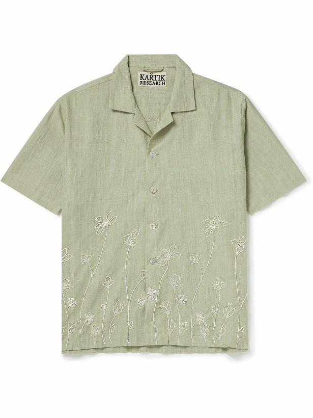 Photo: Kartik Research - Camp-Collar Beaded Cotton-Gauze Shirt - Green
