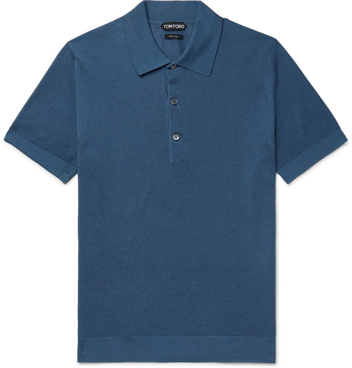 Photo: TOM FORD - Textured Cotton-Blend Polo Shirt - Blue