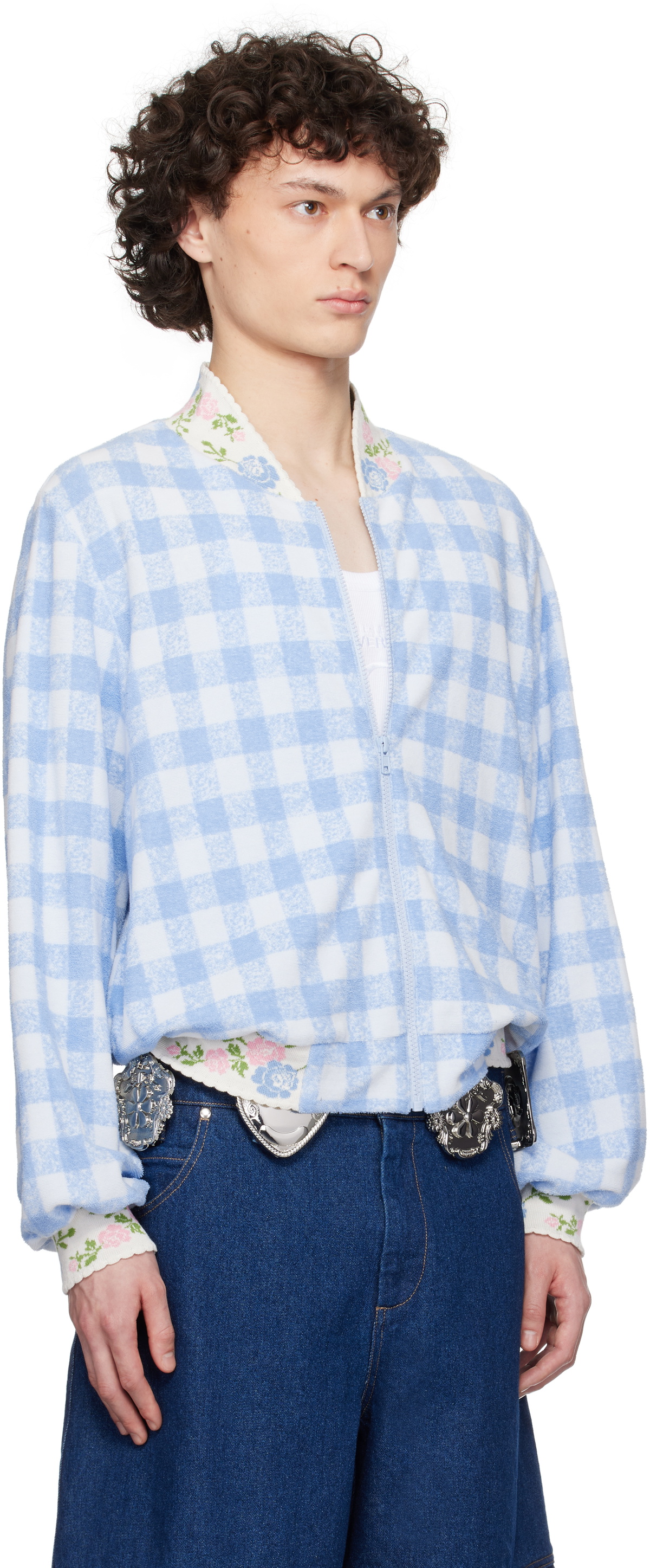 Anna Sui Blue Gingham Terry Baseball Bomber Jacket