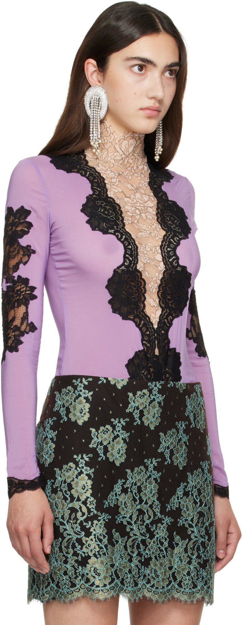 Valentino Purple Jersey Lace Bodysuit