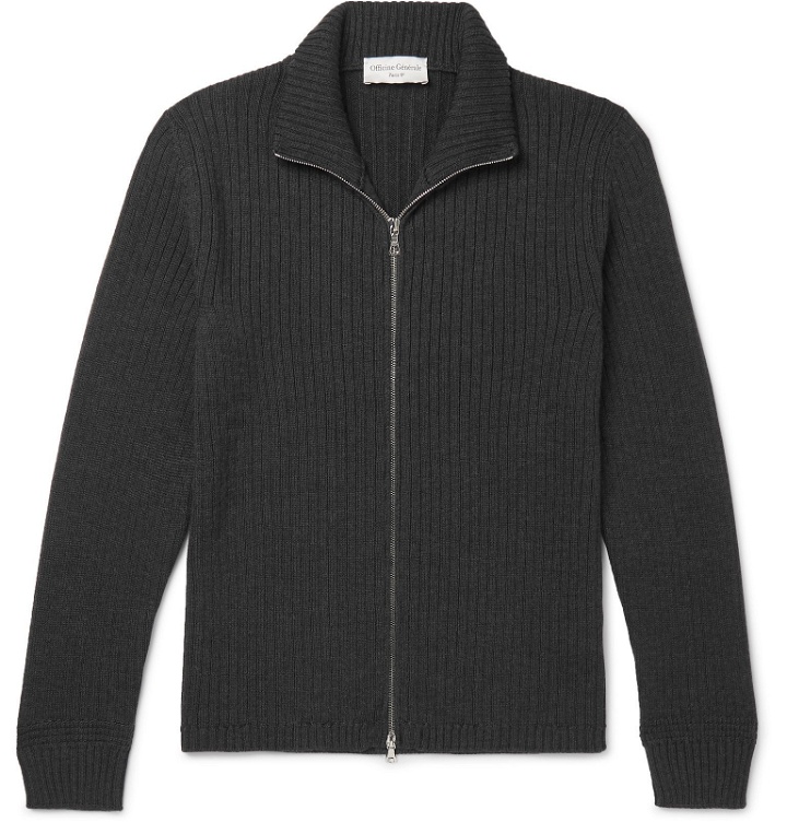 Photo: Officine Generale - Ribbed Merino Wool Zip-Up Sweater - Gray