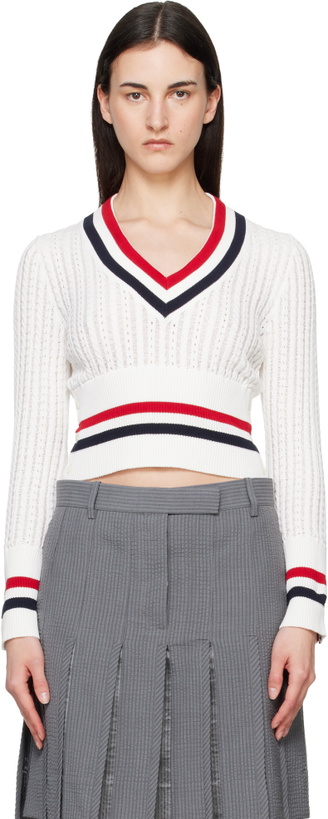 Photo: Thom Browne Off-White Baby Ladder Cable Shrunken V Neck Sweater