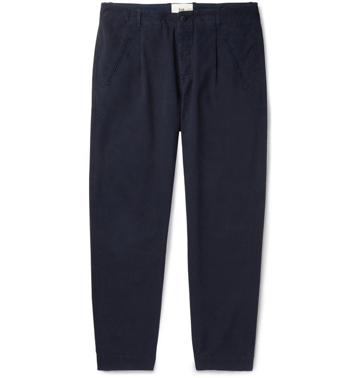 Photo: Folk - Assembly Tapered Pleated Cotton Trousers - Men - Navy