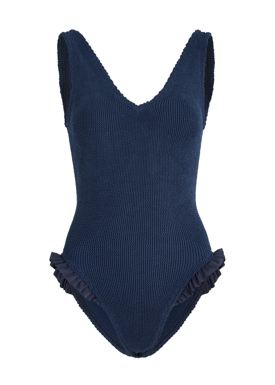 Hunza G Lisa Ruffled Seersucker Swimsuit - Navy - One Size