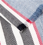 Johnstons of Elgin - Fringed Striped Herringbone Wool, Silk and Linen-Blend Scarf - Blue