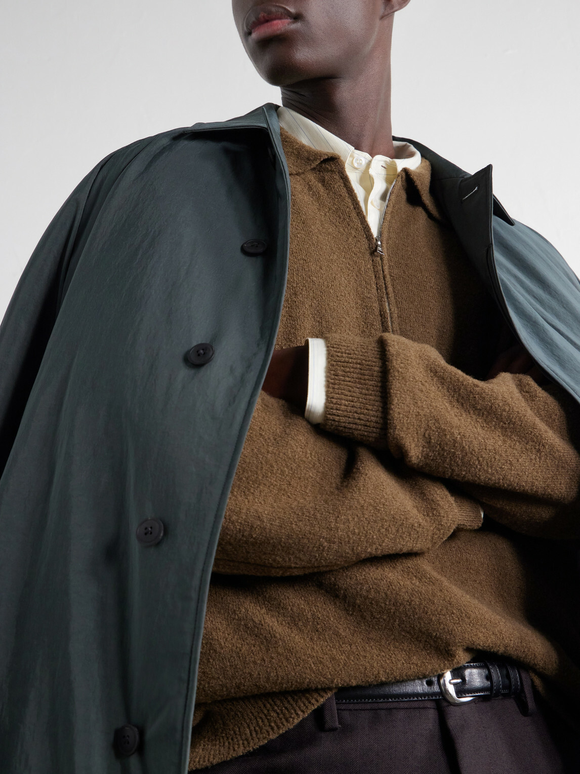 ATON - Wool-Blend Half-Zip Polo Sweater - Brown