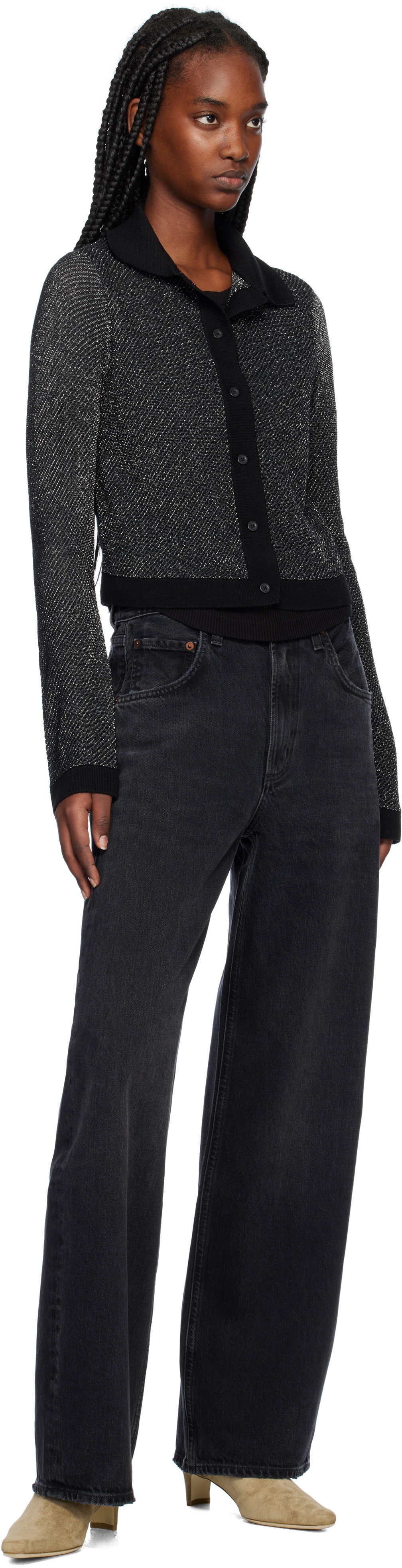 Re/Done Black & Silver Lurex Polo Cardigan