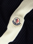 Moncler - Slim-Fit Logo-Appliquéd Striped Ribbed Cotton and Quilted Shell Down Cardigan - Blue