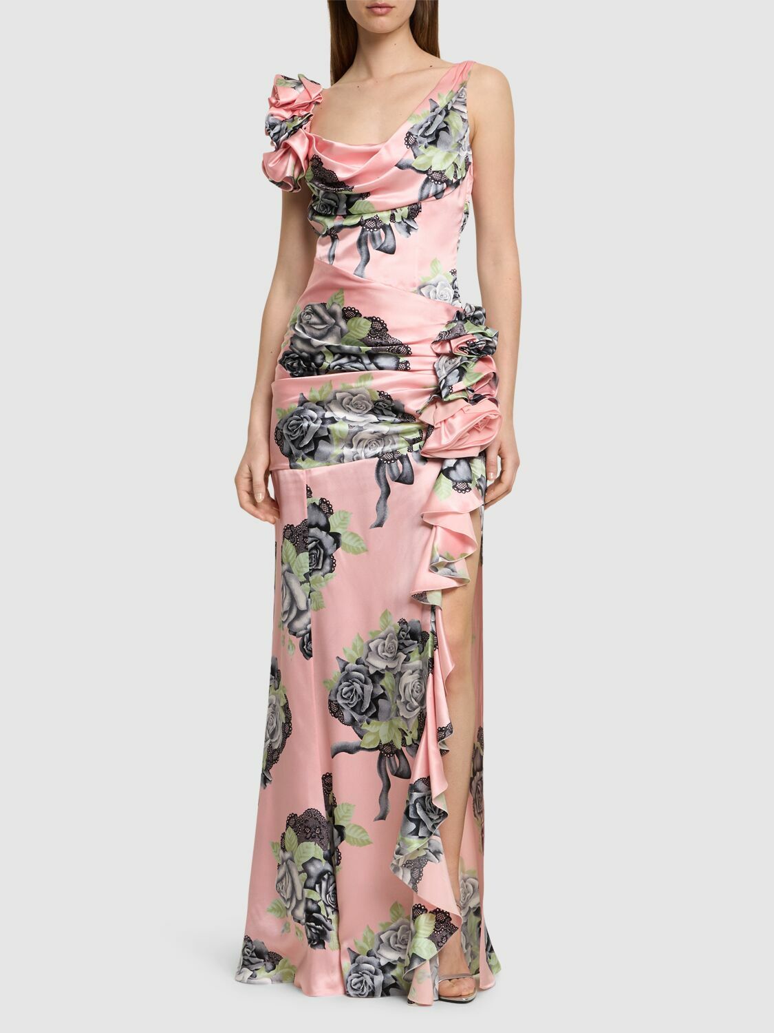 slim fit dress slacks Caitlyn Lace-Up Rose Floral A-Line Formal Dress