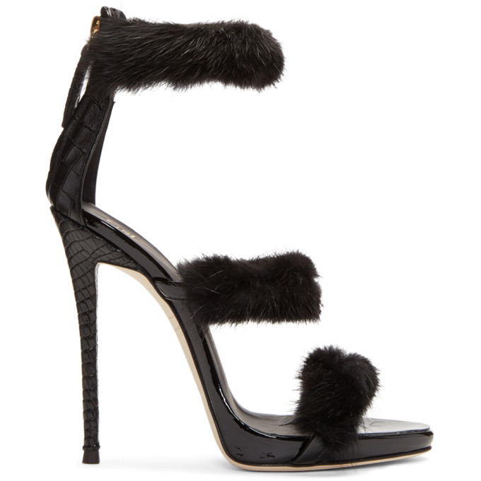 Giuseppe Zanotti Black Mink and Croc Coline Sandals Giuseppe Zanotti