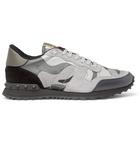 Valentino - Valentino Garavani Rockrunner Camouflage-Print Canvas, Leather and Suede Sneakers - Gray