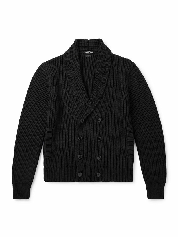 Photo: TOM FORD - Shawl-Collar Double-Breasted Ribbed Wool and Silk-Blend Cardigan - Black