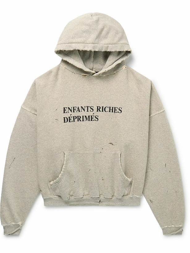 Photo: Enfants Riches Déprimés - Logo-Print Distressed Cotton-Jersey Hoodie - Gray