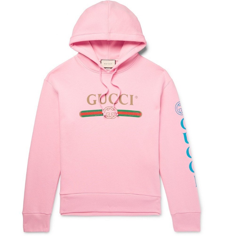 Photo: Gucci - Appliquéd Logo-Print Loopback Cotton-Jersey Hoodie - Men - Pink