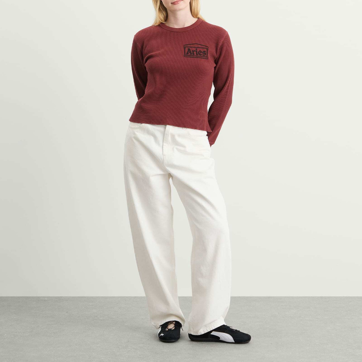 Aries Women's Reversible Long Sleeve Baby Fit T-Shirt in Burgundy 