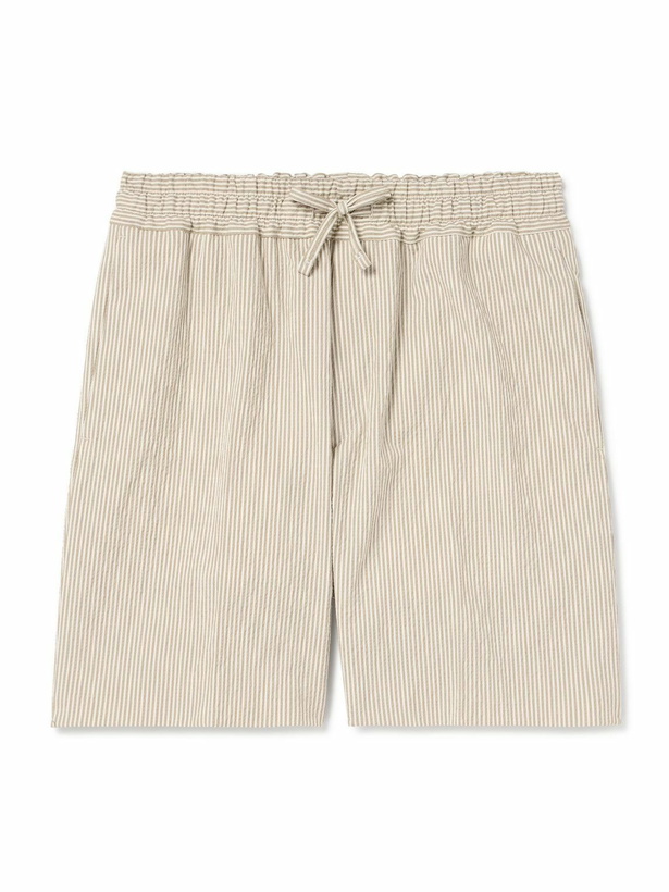 Photo: Kingsman - Straight-Leg Striped Cotton-Blend Seersucker Drawstring Shorts - Neutrals