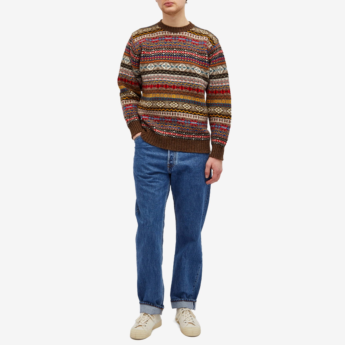 Jamieson's of Shetland Men's Fair Isle Crew in Brown