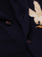 RRL - Shawl-Collar Appliquéd Ribbed Wool Cardigan - Blue