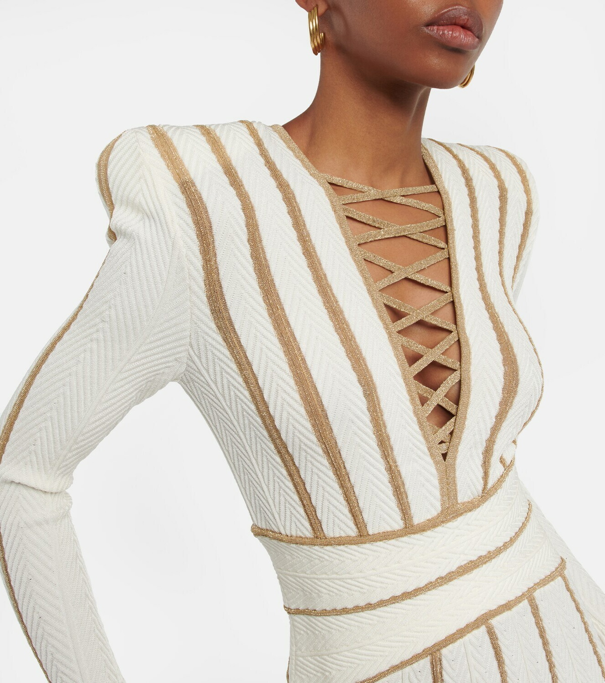 balmain v neck tie waist panelled crepe gown