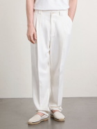 Brunello Cucinelli - Straight-Leg Pleated Herringbone Cotton and Linen-Blend Trousers - White