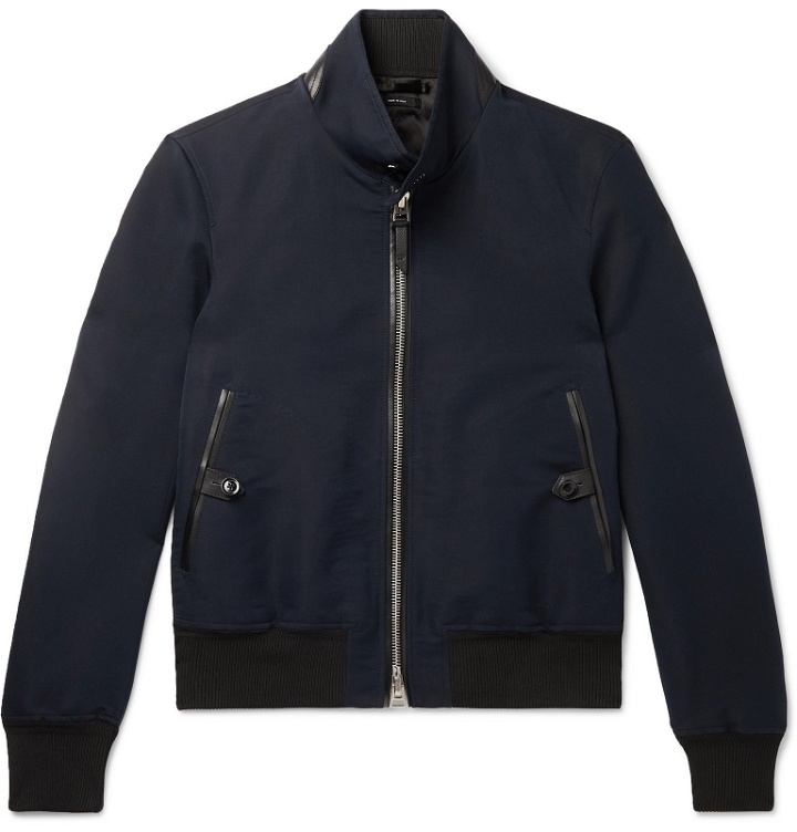 Photo: TOM FORD - Leather-Trimmed Cotton and Silk-Blend Harrington Jacket - Blue