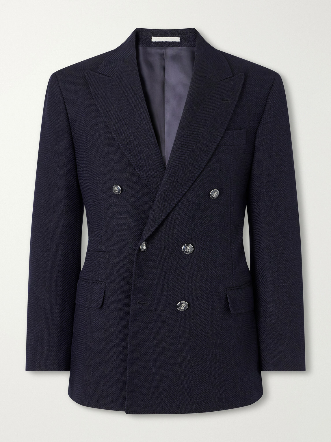 Brunello Cucinelli - Double-Breasted Wool And Cotton-Blend Herringbone Suit Jacket - Blue