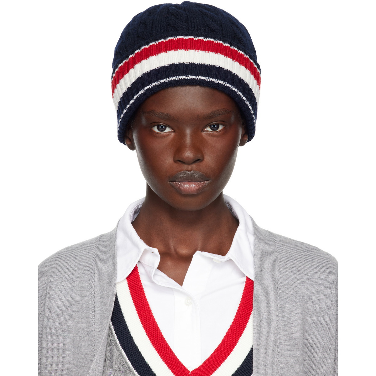 Thom Browne Navy Cable & Rib Merino Wool RWB Stripe Beanie