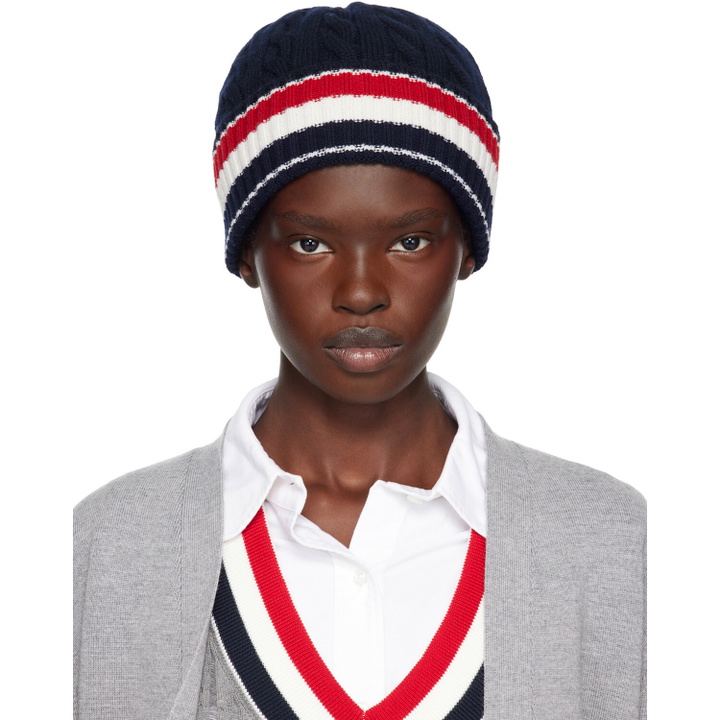 Photo: Thom Browne Navy Cable & Rib Merino Wool RWB Stripe Beanie