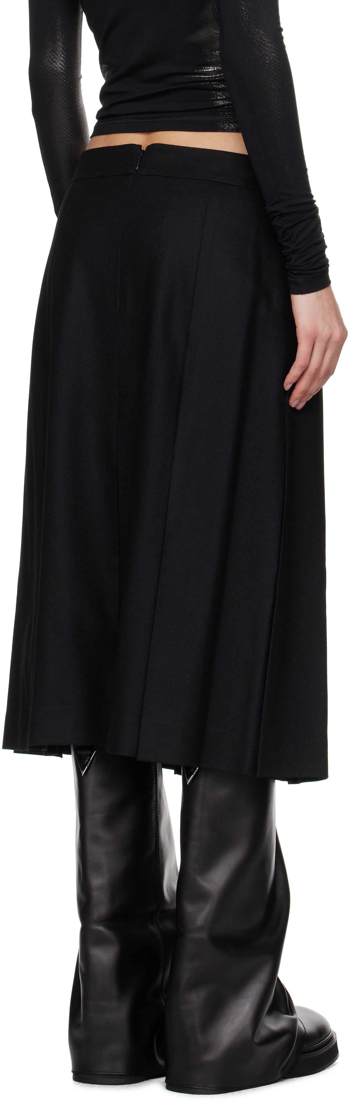 Juun.J Black Flannel Hidden Pleated Midi Skirt