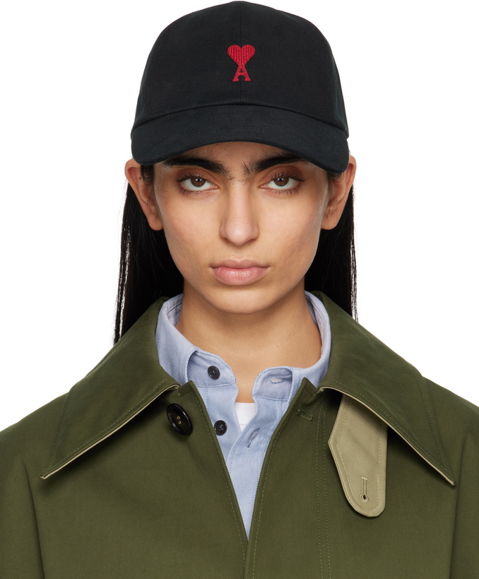 Photo: AMI Paris Black Cotton Ami de Coeur Embroidery Cap