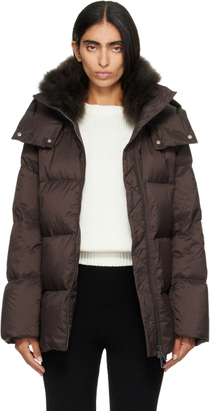 Photo: Yves Salomon Brown Waterproof Technical Lambswool Trim A-Line Down Jacket