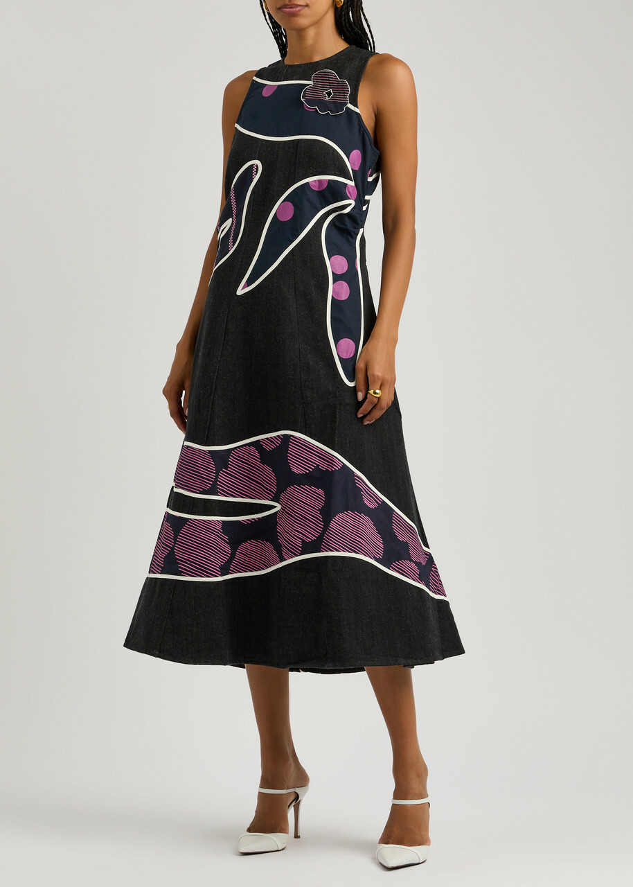 Lovebirds Printed and Appliquéd Denim Dress Black
