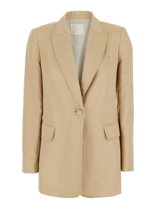 Photo: Beige Jacket With Classic Lapels And Metallic Logo On The Back In Linen Blend Woman TwinSet