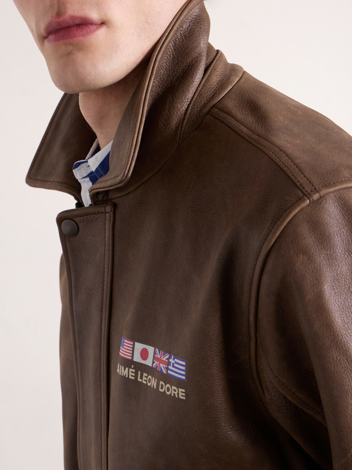 Aimé Leon Dore - World's Borough Logo-Print Leather Jacket - Brown