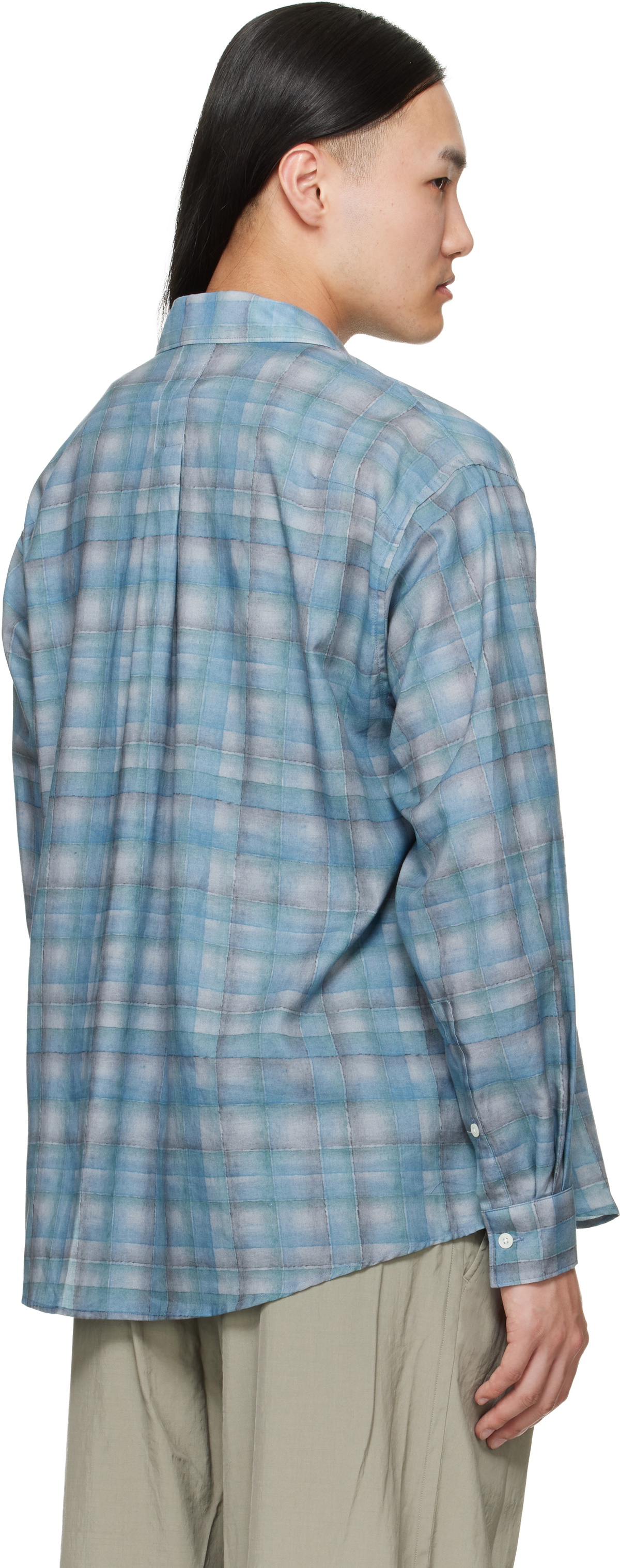 YOKE Blue Printed Plaid Cotton Lawn Shirt