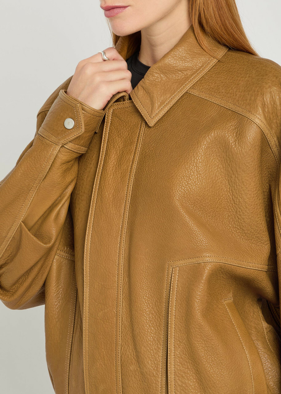 Nour Hammour Dalma Grained Leather Jacket Light Brown