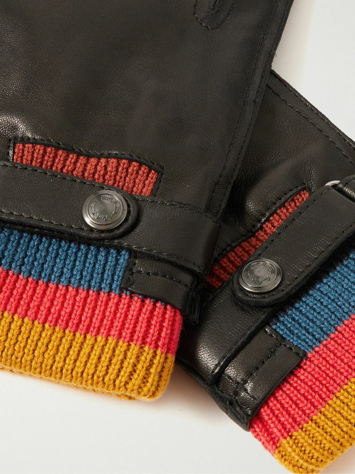 Paul Smith - Layered Striped Ribbed-Knit and Leather Gloves - Black