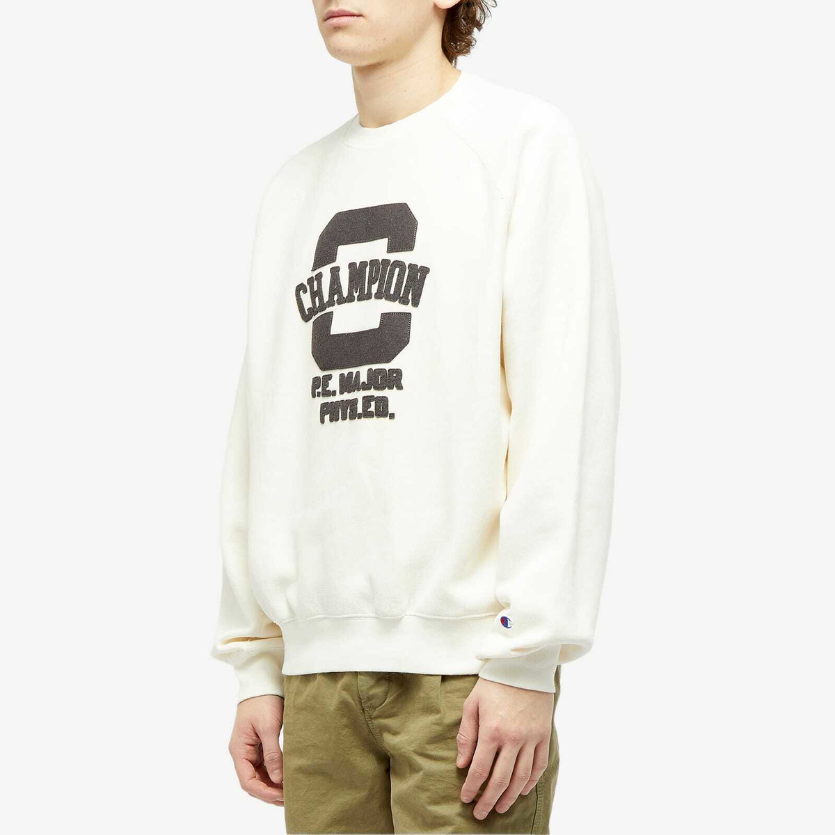 Champion Reverse Weave Men's College Logo Crew Sweat in Ecru