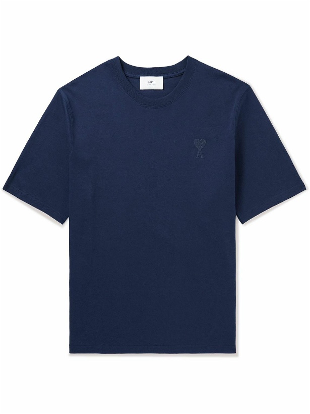 Photo: AMI PARIS - Logo-Embroidered Cotton-Jersey T-Shirt - Blue