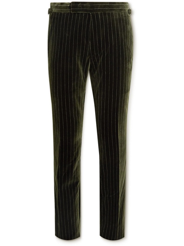 Photo: TOM FORD - Shelton Slim-Fit Pinstriped Cotton-Velvet Suit Trousers - Green